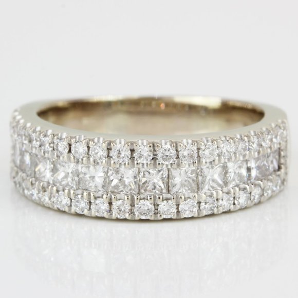 18k White Gold Princess & Round Diamond Bridal Anniversary Wedding Ring Band - Picture 1 of 7